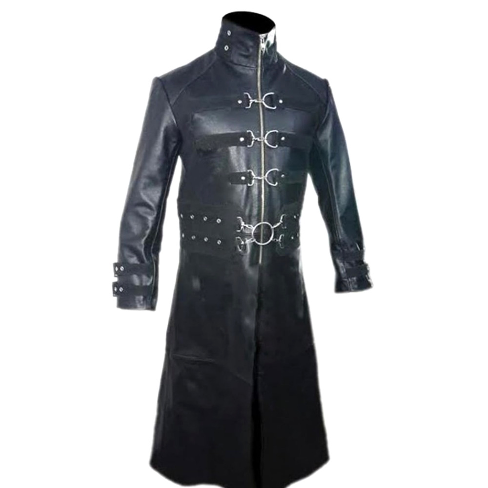 OLLY & ALLY Black Leather Trench Coat Gothic Biker Steampunk Size XL